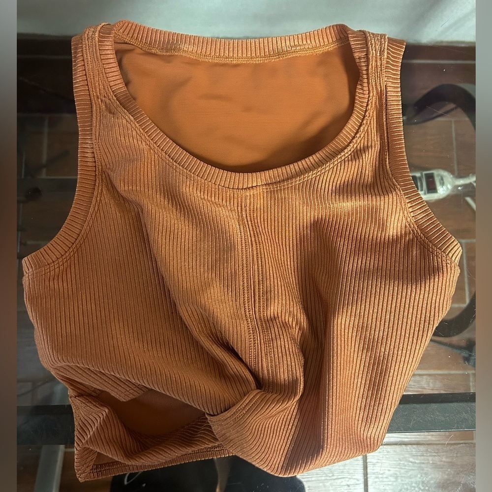offline by aerie ribbed crop workout top brown size medium